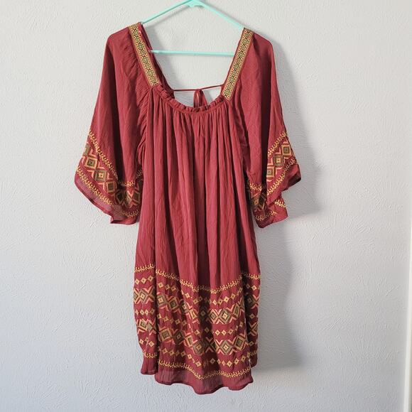 easel Dresses & Skirts - Easel 3/4 Sleeve Boho Printed Embroidered Printed Gauzi Dress